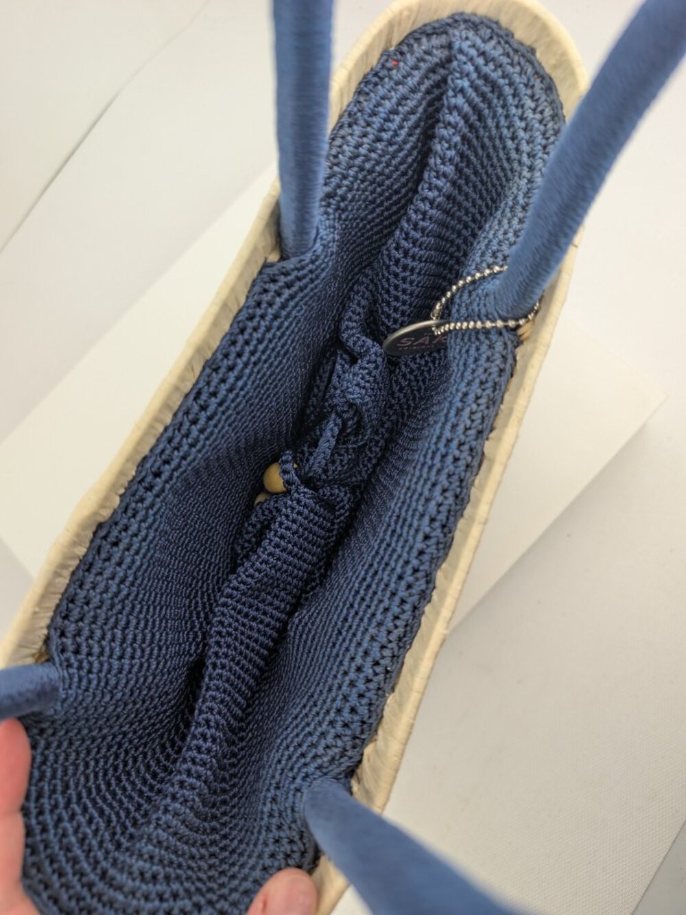 The Sak Original Woven Straw Rattan Basket Tote Bag Purse Navy Woven Insert EUC - Picture 5 of 12
